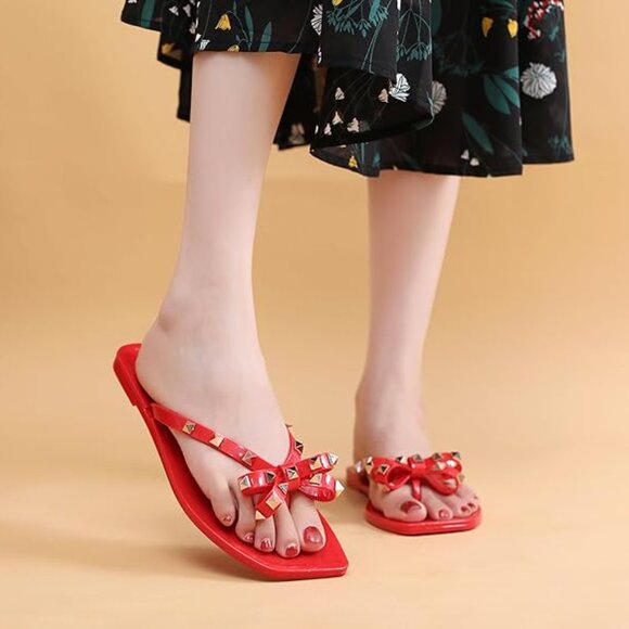 Womens Size 9 Studded Bow Jelly Thong Slides Square Toe Sandals Rivets Red - Picture 3 of 10